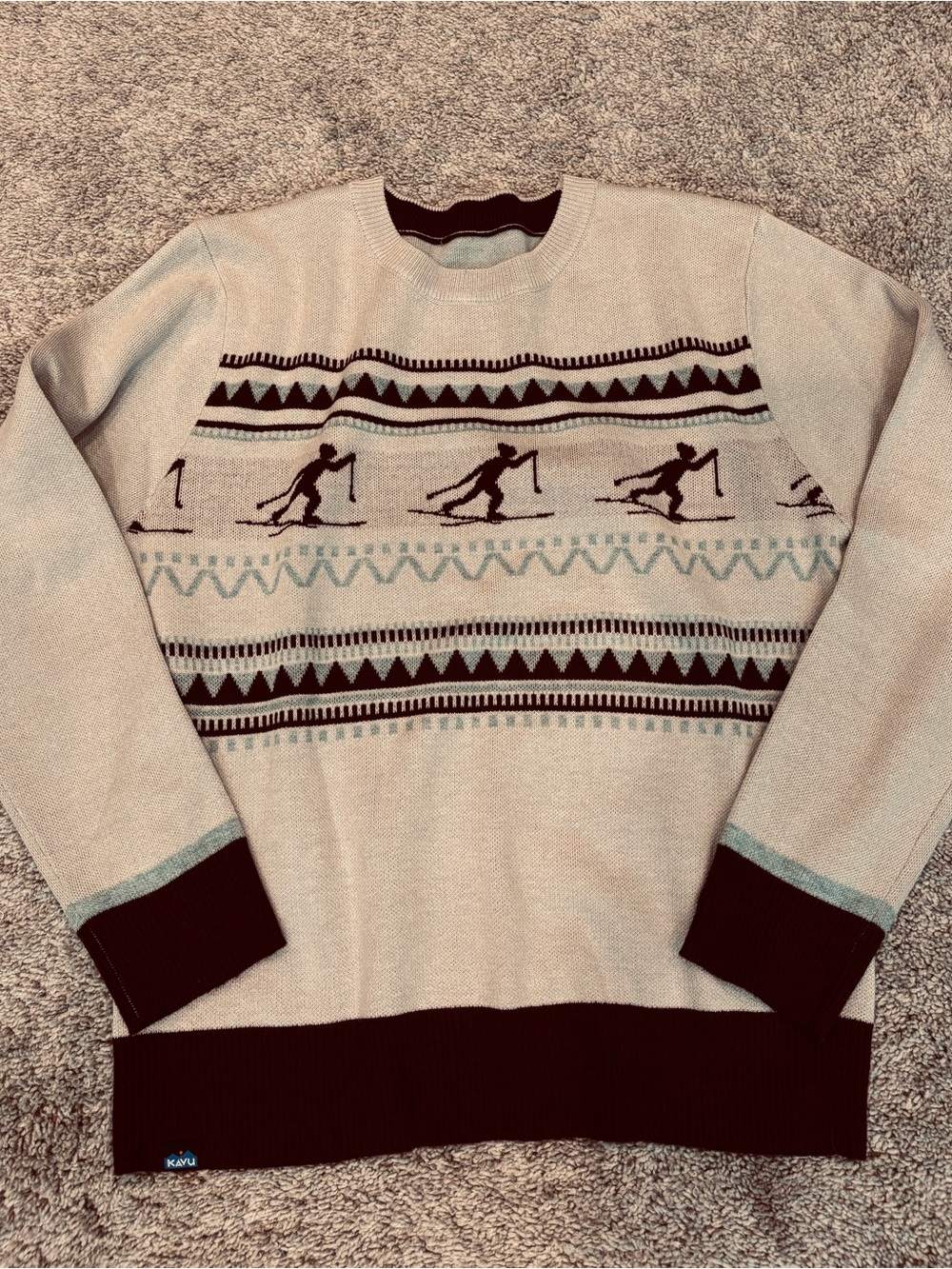 KAVU women’s Hillrose sweater Ski Slope design oatmeal brown size medium cozy